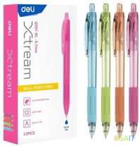 Ручка шар. Deli  автомат, синяя, 0,7мм, рез. манжета, ассорти корпуса