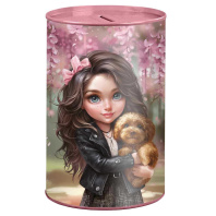 Копилка металлическая "Брюнетка с собачкой" 15,7*10*10см