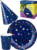 Набор для праздника "Звездочки и конфетти" тарелка 6 шт, стаканы 6 шт, колпаки 6 шт