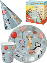 Набор для праздника "Звери на шариках" тарелка 6 шт, стаканы 6 шт, колпаки 6 шт