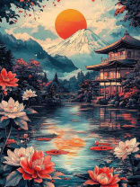 Картина по номерам на холсте 30*40см "Японский дом у озера"