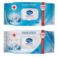 Салфетки влажные  AURA 120 шт антибактериальные с клапаном д/всей семьи