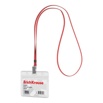 Бейдж горизонтальный в комплекте с лентой ErichKrause размер вставки 95х58 мм, прозрачный, цвет ленты красный (в пакете)