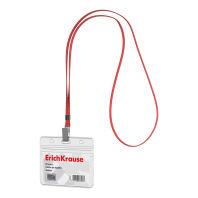 Бейдж горизонтальный в комплекте с лентой ErichKrause размер вставки 95х58 мм, прозрачный, цвет ленты красный (в пакете)