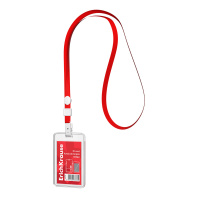 Бейдж вертикальный в комплекте с лентой ErichKrause слайдер, размер вставки 54х85 мм, прозрачный, цвет ленты красный (в пакете)