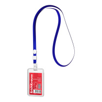 Бейдж вертикальный в комплекте с лентой ErichKrause слайдер, размер вставки 54х85 мм, прозрачный, цвет ленты синий (в пакете)