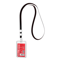 Бейдж вертикальный в комплекте с лентой ErichKrause слайдер, размер вставки 54х85 мм, прозрачный, цвет ленты черный (в пакете)