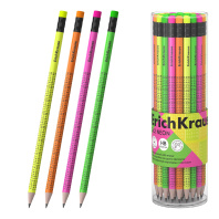 Чернографитный карандаш ErichKrause 2x2 Neon, круглый, с ластиком, HB (в тубусе по 42 шт.)