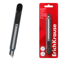 Нож канцелярский ErichKrause Butterfly Classic, с автоматической фиксацией лезвия, 9 мм, серый (в блистере по 1 шт.)