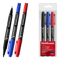 Набор из 3 двухсторонних перманентных маркеров ErichKrause P-80, цвет чернил: черный, синий, красный (в пвх-воллете)