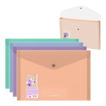 Папка-конверт на кнопке пластиковая ErichKrause Matt Pastel Bloom, с 4 цветными отделениями, A4, прозрачный, ассорти (в пакете по 4 шт.)